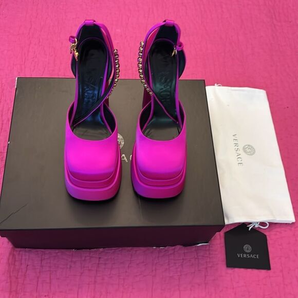 Versace Women's Pink satin Platform Heels, US8 - Picture 2 of 12